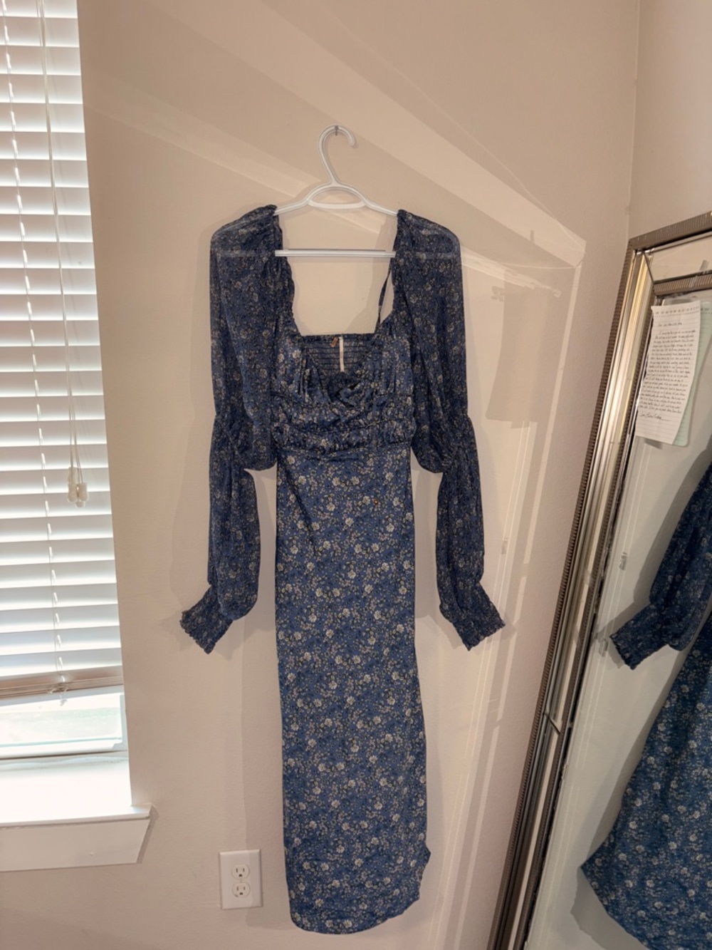 Blue Floral Square-Neck Long Sleeve Dress-Free People